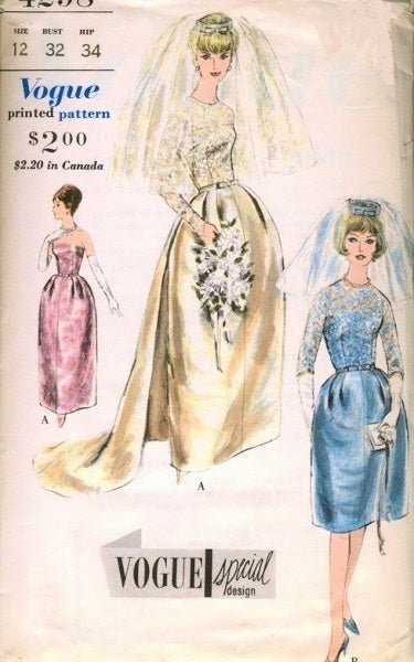 1960 AUDREY Style Wedding Dress Bridal Gown Pattern VOGUE Special Design 4298  Detachable Train, Overblouse, Coronet and Veil Bust 32 Vintage Sewing Pattern