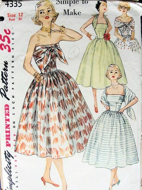 1950s COCKTAIL PARTY DRESS PATTERN STRAPLESS, ATTACHED SCARF SIMPLICITY 4335