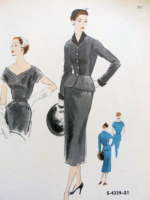 1950s DINNER  COCKTAIL SLIM DRESS, FITTED JACKET PATTERN LOVELY SHAPED NECKLINE, FLATTERING FIGURE SHOW OFF JACKET VOGUE SPECIAL DESIGN PATTERNS 4339 Bust 32 and 38