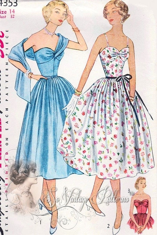 1950s Breath Taking Evening Cocktail Party Dress Pattern 3 Style Versions Strapless With Attached Scarf , Spaghetti Straps or Cuffed Strapless Bodice Simplicity 4353 Vintage Sewing Pattern  Bust 32 UNCUT