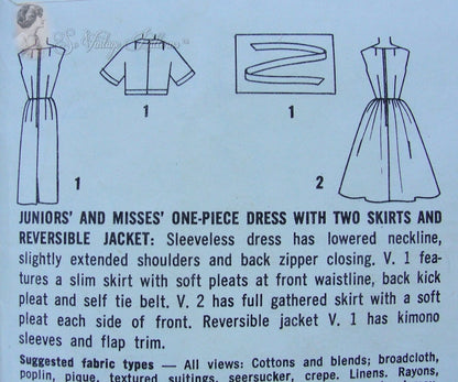 1960s Mad Men Slim or Full Skirted dress and Reversible Jacket Pattern Simple To Make  Factory Folded Bust 33
