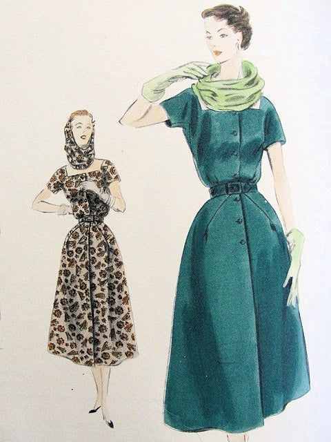 1950s DRESS, SCARF HOOD PATTERN FLATTERING SQUARE NECKLINE VOGUE SPECIAL DESIGN 4390