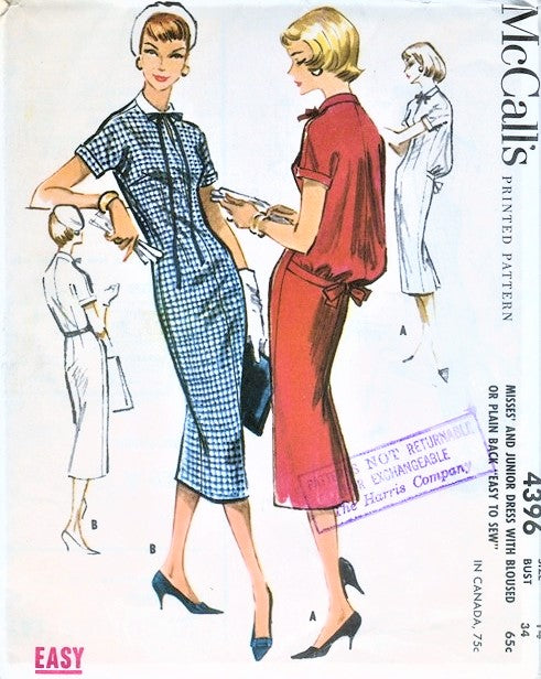 1950s EYECATCHING Slim Dress with Bloused or Plain Back Easy To Sew Pattern McCALLS 4396 Bust 31 Vintage Sewing Pattern