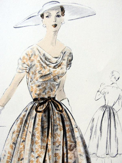 1950s Beautiful Midriff Party Evening Dress Pattern Lovely Draped Neckline Full Skirt Vogue Special Design 4402 Pattern Factory Folded Bust 32
