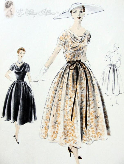 1950s Beautiful Midriff Party Evening Dress Pattern Lovely Draped Neckline Full Skirt Vogue Special Design 4402 Pattern Factory Folded Bust 32