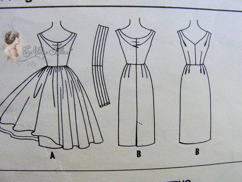 1950s BEAUTIFUL Evening Party Dress Pattern Draped Cowl Back, Deep V Neckline, Wiggle Slim or Full Skirts Cummerbund Gorgeous Design McCalls 4414 Vintage Sewing Pattern Bust 32