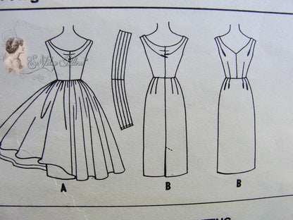 1950s BEAUTIFUL Evening Party Dress Pattern Draped Cowl Back, Deep V Neckline, Wiggle Slim or Full Skirts Cummerbund Gorgeous Design McCalls 4414 Vintage Sewing Pattern Bust 32