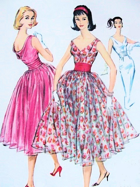 1950s BEAUTIFUL Evening Party Dress Pattern Draped Cowl Back, Deep V Neckline, Wiggle Slim or Full Skirts Cummerbund Gorgeous Design McCalls 4414 Vintage Sewing Pattern Bust 32