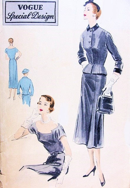 1950s CLASSY Cocktail Dress and Fitted Jacket Pattern VOGUE Special Design 4424 Striking Clipped Neckline Dress Beautiful Style Bust 30 Vintage Sewing Pattern FACTORY FOLDED