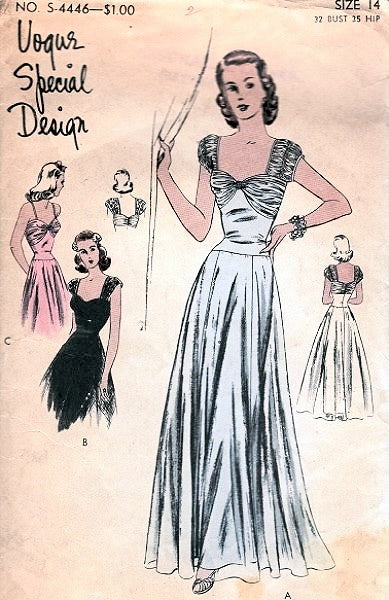 1940s LOVELY EVENING GOWN PATTERN SHIRRED SLEEVES BODICE VOGUE SPECIAL DESIGN 4446