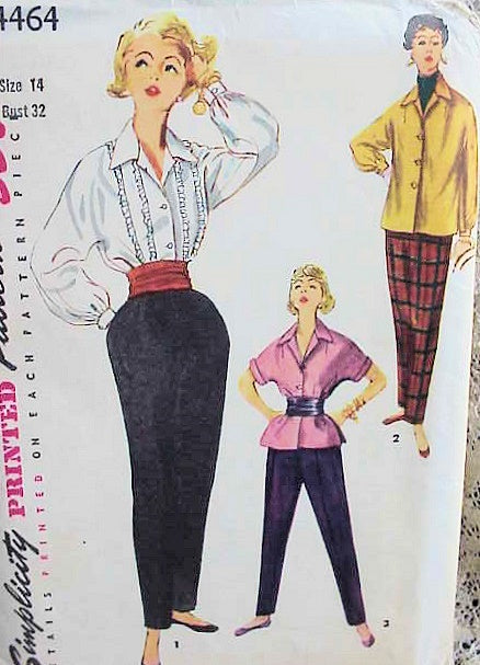 1950s SLEEK Tapered Slacks Pants Pattern Casual or Eveningwear SIMPLICITY 4464 Two Blouse Styles Tailored Overblouse or ROMANTIC Poets Blouse, Cummerbund Bust 30 Vintage Sewing Pattern