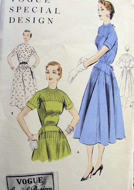 BEAUTIFUL 1950s Dress Pattern VOGUE SPECIAL DESIGN 4480 Two Style Versions Striking Sunburst Pintuck Details Day or Cocktail Dress Bust 32 Vintage Sewing Pattern