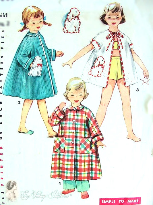 1950s SWEET Childrens Bath Robe Pattern SIMPLICITY 4503 Robe or Beach CoverUp, 3 Cute Styles and Lengths, Size 6  Simple To Make Vintage Sewing Pattern