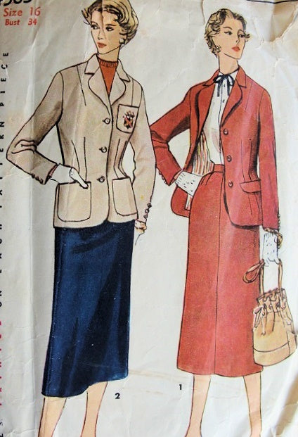 1950s  SLIM SKIRTED SUIT PATTERN FITTED JACKET BLAZER SIMPLICITY PATTERNS 4563