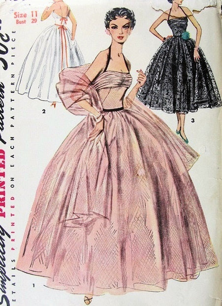 1950s  Dreamy Evening Formal Gown and Stole Pattern Draped Halter Dress, Shorter Cocktail Version Perfect Wedding Prom Ball Gown Simplicity 4584 Vintage Sewing Pattern