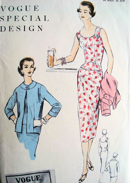 1950s  Slim Dress and Jacket Pattern Perfect Summer Resort Wear Dress Vogue 4600 Vintage Sewing Patterns