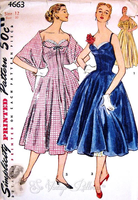 1950s Stunning Evening Gown or  Cocktail Length Dress and Stole Pattern Dramatic Strapless Bodice Figure Flattering Princess Line Simplicity 4663 Vintage Sewing Pattern Bust 30