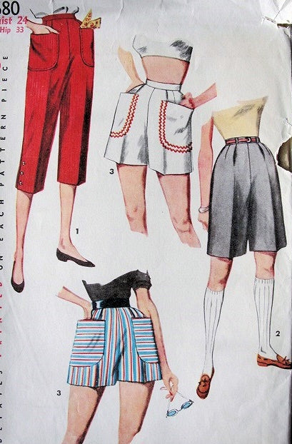 1950s BOMBSHELL Shorts Pattern SIMPLICITY 4680 Fitted High Waist Short Shorts,Preppy Bermuda Style Shorts, Capri Pedal Pusher Pants, Waist 26 Vintage Sewing Pattern