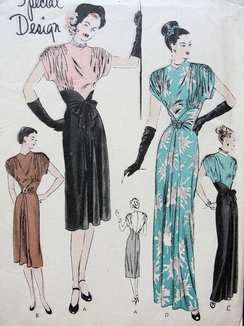 1940s  EVENING GOWN DINNER DRESS PATTERN STRIKING  DRAPED SLEEVES, DRAMATIC STYLE VOGUE SPECIAL DESIGN 4711