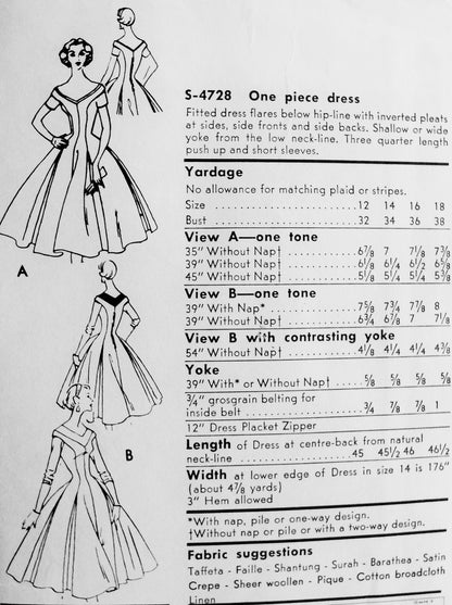 1950s GLAMOROUS Party Evening Dress Pattern VOGUE 4728 Special Design Figure Flattering Fit and Flare Style Inverted Pleats Wide Open V Necklines Bust 32 Vintage Sewing Pattern