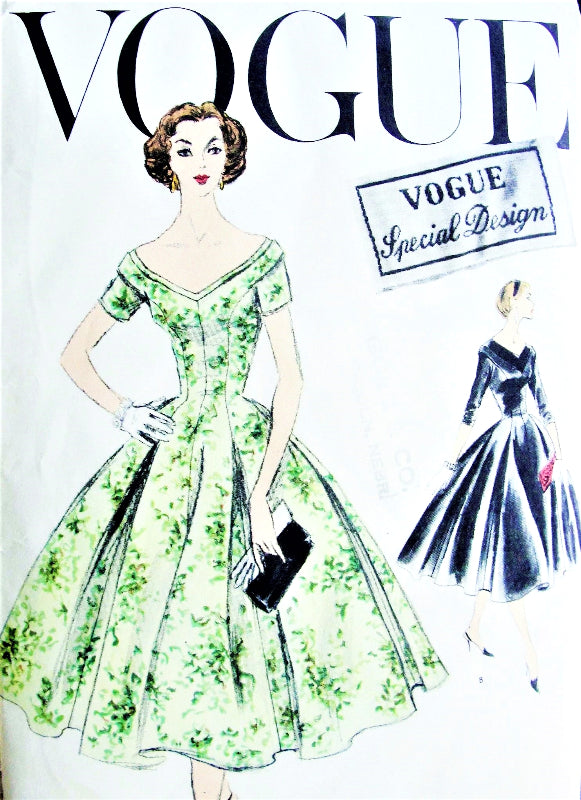 1950s GLAMOROUS Party Evening Dress Pattern VOGUE 4728 Special Design Figure Flattering Fit and Flare Style Inverted Pleats Wide Open V Necklines Bust 32 Vintage Sewing Pattern