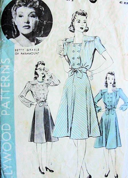1940s LOVELY Dress Pattern HOLLYWOOD 472  Three Style Versions, Bust 38 Featuring Betty Grable, Vintage Sewing Pattern
