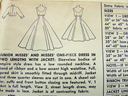 1950s Evening Gown Cocktail Dress Crop Jacket Pattern SIMPLICITY 4782 ROCKABILLY Empire Party Dress Figure Flattering Bust 30 Vintage Sewing Pattern