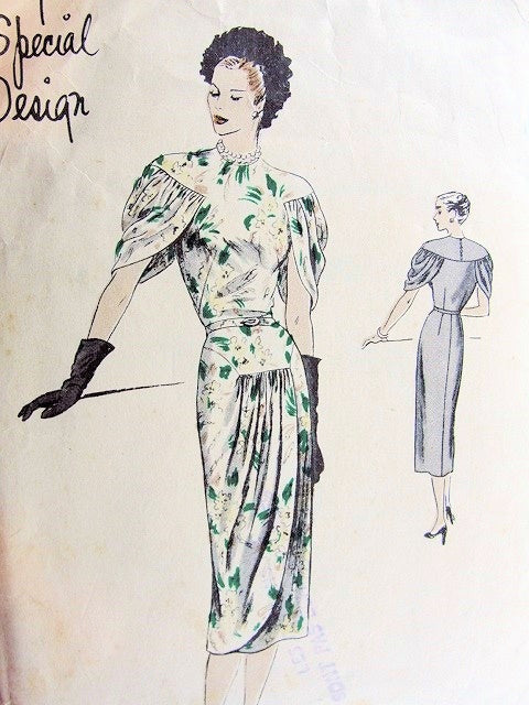 1940s DRAMATIC COCKTAIL EVENING DRESS PATTERN  UNIQUE DRAPED SLEEVES, FRONT DRAPED SKIRT VERY UNIQUE DESIGN VOGUE SPECIAL DESIGN 4793