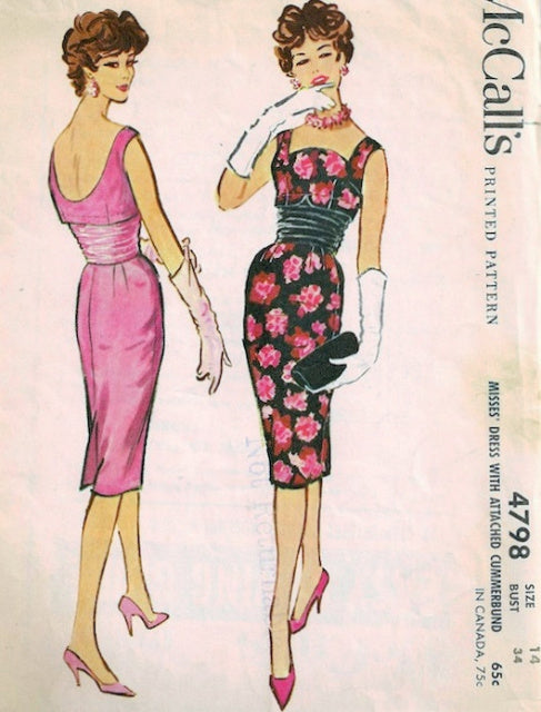 1950s McCALLS 4798 PATTERN BOMBSHELL COCKTAIL EVENING SHEATH DRESS ATTACHED CUMMERBUND LOW BACK