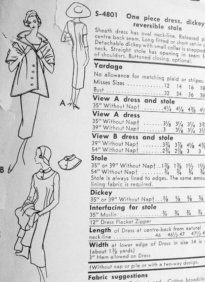1950s Slim Sheath Dress and Reversible Stole Pattern Vogue Special Design S-4801 Daytime or Dinner Cocktail Dress Includes Detachable Dickey Bust 34 Vintage Sewing Pattern