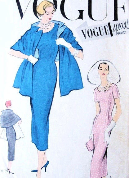 1950s Slim Sheath Dress and Reversible Stole Pattern Vogue Special Design S-4801 Daytime or Dinner Cocktail Dress Includes Detachable Dickey Bust 34 Vintage Sewing Pattern