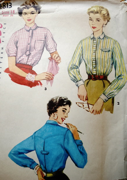 1950s ROCKABILLY Blouse Shirt Pattern SIMPLICITY 4813 Tab Interest Three Style Versions Vintage Sewing Pattern