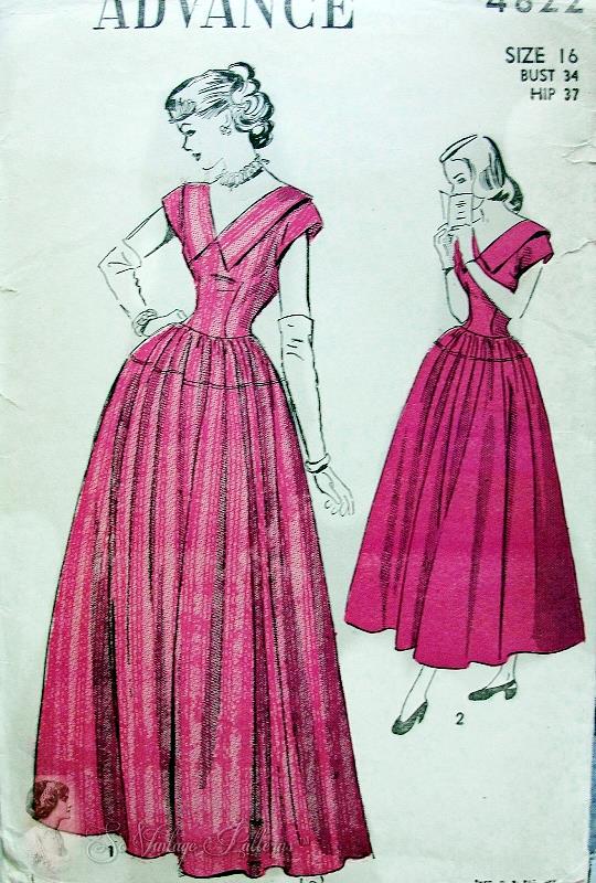 1940s Lovely Evening Formal Dress Pattern V Necklines Full Skirt 2 Lengths Advance 4822 Vintage Sewing Pattern Bust 34