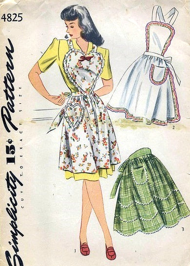 1940s CUTE Full Heart Shape Bib Apron or Half Aprons Pattern SIMPLICITY 4825 Three Styles, Size Medium Vintage Sewing Pattern