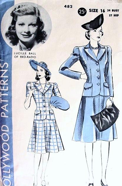 RARE 1940s LUCILLE BALL Hollywood 482 Movie Star Suit Pattern Fitted Jacket Flared Skirt Vintage Sewing Pattern