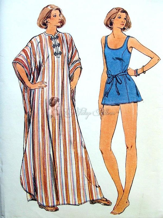 1960s WONDERFUL Swimsuit and Caftan Beach Wear Pattern BUTTERICK 4862 Full Length Beach Lounging coverup Princess Style Bathingsuit Bust 32.5 Vintage Sewing Pattern Uncut