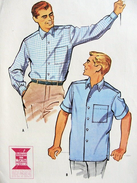Late 1950s Mad Men Style Mens Shirts Pattern Tuck In or Over Shirt Size Medium Vintage Sewing Pattern