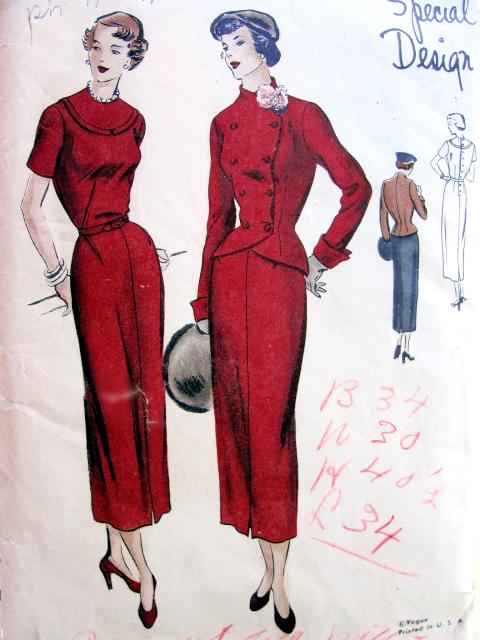 1940s STUNNING VOGUE  Special Design 4920 Slim Classy Button Back Dress, Fitted Double Breasted Jacket Cutaway Front, Daytime or Evening Dress Bust 34 Vintage Sewing Pattern