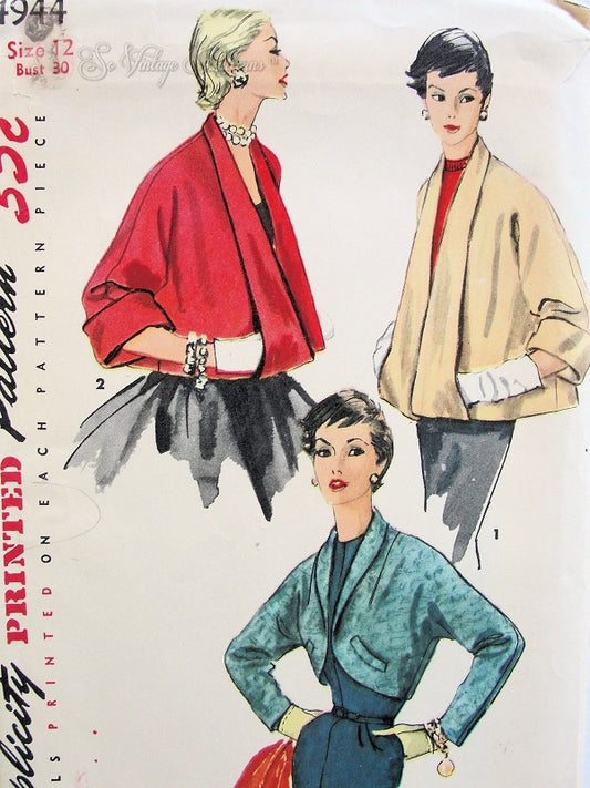 1950s CHIC Set of Jackets Pattern SIMPLICITY 4944 Three Styles Shortie, Bolero or Hip Length Bust 32 Vintage Sewing Pattern Factory Folded