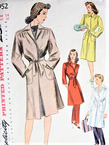 1940s FAB All Purpose Coat Pattern SIMPLICITY 4952 Lined or Unlined Classic Forties Coat Day, Beach, Lounging Bust 32 Vintage Sewing Pattern