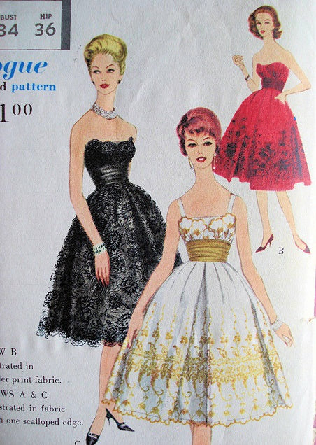 1950s Vogue Special Design 4958 Pattern Strapless or Camisole Top Evening Cocktail Party Dress, Cummerbund Striking Low Back Pure Glam Bust 34