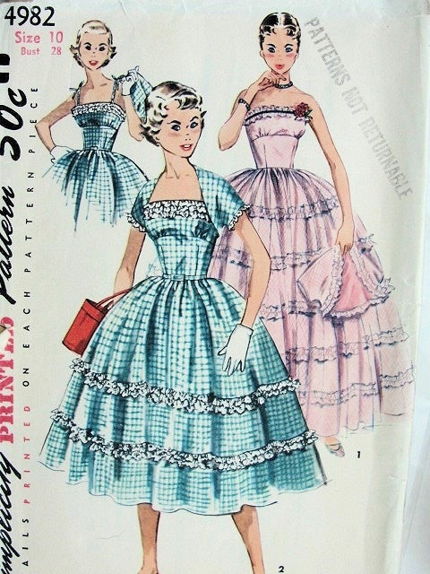 1950s MIDRIFF PARTY EVENING DRESS, JACKET PATTERN STRAPLESS GOWN LOVELY DESIGN SIMPLICITY  4982
