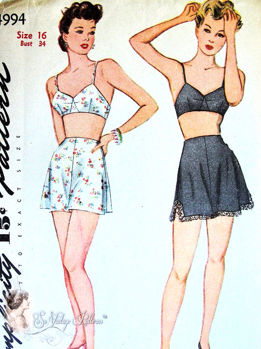 1940s PIN UP Style Lingerie Pattern SIMPLICITY 4994 Bra and 3 Side Button Tap Panties Knickers Bust 38 Vintage Sewing Pattern