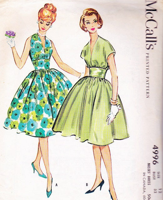 1950s GLAM Party Evening Dress Pattern McCALLS 4996 Flattering V Neckline Midriff Cocktail Dress,2 Versions, Bust 31 Vintage Sewing Pattern