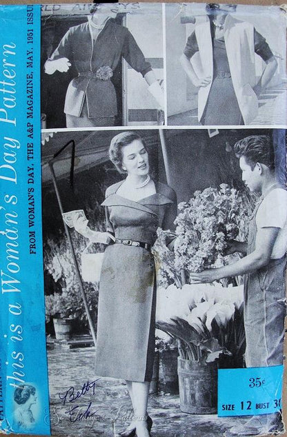 STUNNING 1950s Slim Wrap Dress and Jacket Pattern WOMANS Day 5007 Beautiful Neckline Day or Evening Dress,Bust 34  Vintage Sewing Pattern FACTORY FOLDED