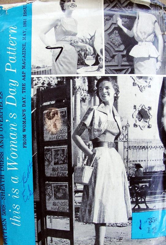 1950s Rockabilly Sheath Dress and Over Pieces Pattern Womans Day 5008 Vintage Sewing Pattern Slim Dress Reversible Bolero Jacket, Apron Skirt and Bias Cut Poncho Blouse Beautiful 50s Fashions Factory Folded Bust 30