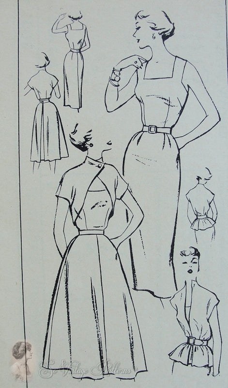 1950s Rockabilly Sheath Dress and Over Pieces Pattern Womans Day 5008 Vintage Sewing Pattern Slim Dress Reversible Bolero Jacket, Apron Skirt and Bias Cut Poncho Blouse Beautiful 50s Fashions Factory Folded Bust 30