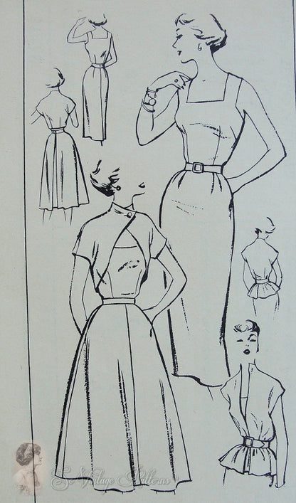1950s Rockabilly Sheath Dress and Over Pieces Pattern Womans Day 5008 Vintage Sewing Pattern Slim Dress Reversible Bolero Jacket, Apron Skirt and Bias Cut Poncho Blouse Beautiful 50s Fashions Factory Folded Bust 30