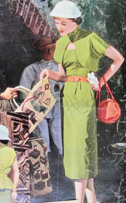 1950s Rockabilly Sheath Dress and Over Pieces Pattern Womans Day 5008 Vintage Sewing Pattern Slim Dress Reversible Bolero Jacket, Apron Skirt and Bias Cut Poncho Blouse Beautiful 50s Fashions Factory Folded Bust 30