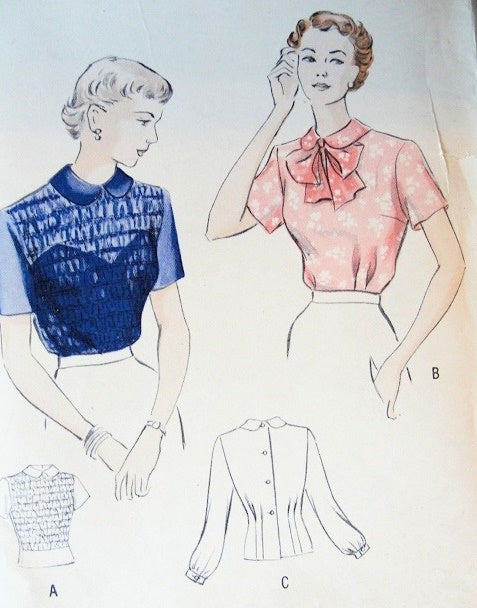 1940s BEAUTIFUL Blouse Pattern BUTTERICK 5096 Two Lovely Styles Shirred Front or Bow Tie, Button Back Blouse, Bust 32 Vintage Sewing Pattern